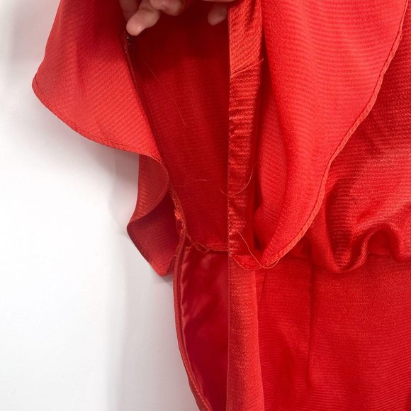SOLD Calvin Klein Red Satin Roman Shoulder Party Dress - Picture 6 of 10